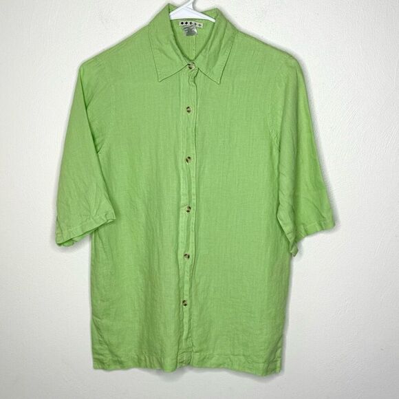 VS Sport Ltd Five Diamond Green 100% Linen Short Sleeve Button Up Shirt -Women’s - Picture 1 of 7